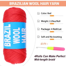RuiYok 4 Pcs Red Brazilian Wool Hair for Braids Acrylic Hand Knitting Yarn for Goddess Faux Locs Crochet Hair Senegalese Twisting Jumbo Braids Braiding Hair Extension(#Red)