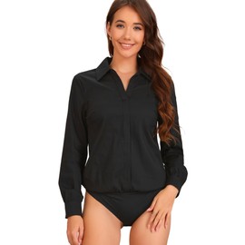 Allegra K Leotard Shirt for Women's Collared Business Office Long Sleeves Bodysuit Work Shirt Black M