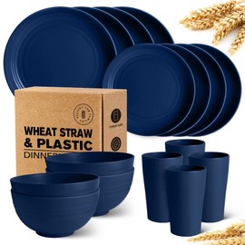 Teivio 16-Piece Kitchen Plastic Wheat Straw Dinnerware Set, Service for 4, Dinner Plates, Dessert Plate, Cereal Bowls, Cups, Unbreakable Plastic Outdoor Camping Dishes, Midnight Blue