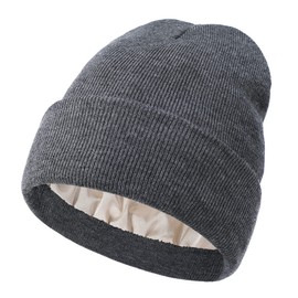 Zando Womens Satin Lined Beanie for Women Warm Beanies Womens Winter Beanies for Women Knit Hats for Women Unisex Cuffed Skull Caps for Men Satin Lined Winter Hats for Women Men Dark Grey Beanie Hat