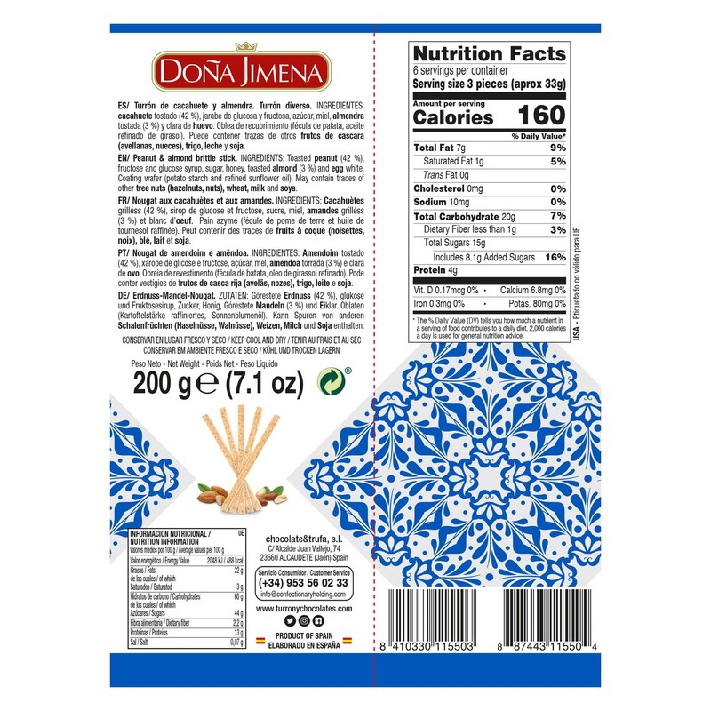 Doña Jimena Turrón Sticks with Peanut Brittle and Almonds Traditional