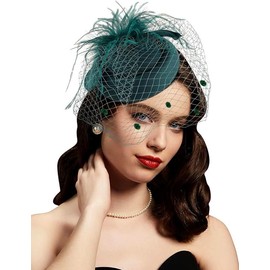 Fascinator Hats 20s 50s Derby Hat Pillbox for Women Tea Party Cocktail Hat with Feather mesh Veil for Wedding Church (US, Alpha, One Size, Green)