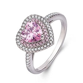 ASFKIPMF 925 Sterling Silver Shiny Full Diamond Ring Pink Heart Rings for Women 14K White Gold Plated Cubic Zirconia Diamond Rings for Her Promise Wedding Engagement Ring for Girls Mothers Day Size S