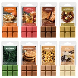 WUSEONY Autumn Scented Wax Melts, Fall Wax Cubes Gift Set, Soy Wax Tarts for Warmer - Pumpkin Pie, Apple Cider, Cinnamon, Autumn Wreath, Forest Pine, Snickerdoodle, Caramel Corn, Vanilla, 8 Pack