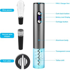 Sacacorchos Eléctrico de Vinos USB C Recargable Abridor De Vino Eléctrico Destapadores Kit Abridor Botella con Cortador de Papel de Aluminio para Cocina Bar Fiesta Cocina Restaurante Juego de Regalo