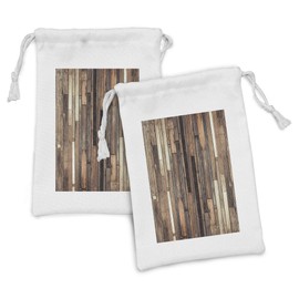 Ambesonne Wooden Print Fabric Pouch Set of 2, Brown Old Hardwood Floor Plank Grunge Lodge Garage Loft Rural Natural Graphic, Small Drawstring Bag for Toiletries Masks and Favors, 9" x 6", Brown