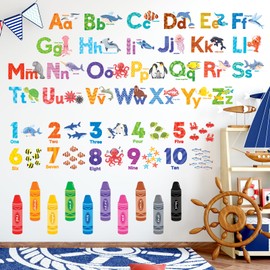 DECOWALL DS9-8093 Sea Animals Alphabet Numbers Color Wall Stickers Peel and Stick Removable Educational Decals for Kids Nursery Bedroom Classroom Decor Learning