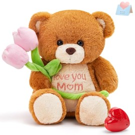 10" Heartbeat Recordable Teddy Bear, Voice Recorder Love You Mom Bear Holding Tulips w/30 Sec Recorder, Sweet Messages Recording Playback Gifts for Mother's Day Mom