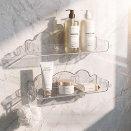 Goklmn 2 Pack Acrylic Shower Caddy No Drilling Adhesive Shower Shelves with 4 Removable Hooks Wall Mounted Bathroom Shower Organizers Shower Caddy for Bathroom Kitchen