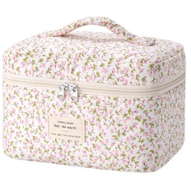 HBselect Quilted Makeup Bag, Cotton Large Travel Makeup Bag, Cute Floral Coquette Cosmetic Bags Toiletry Bags for Women Girls (Pink Flowers-S)
