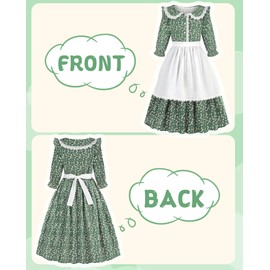 Aoiviss Girls Pioneer Costume Floral Colonial Prairie Dress for Little Kids with Apron and Bonnet, Green