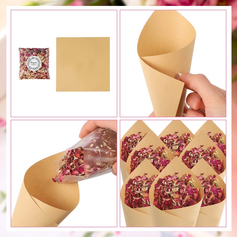 SOSPIRO 32 Kraft Paper Cones, 12 Packs Natural Wedding Confetti,