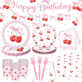 NOVEMBER SPRING Cherry Party Decorations - Pink Bow Party Decoration，Cherry Birthday Decorations Includes Paper Plates, Napkins, Cups, Forks, Tablecloth, Banner, for Birthday Tea Desseit，Serves 24