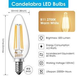 VOLIVO Dimmable E12 LED Candelabra Bulbs 60Watt Equivalent, 2700K Warm White, 500Lumens, 4.5W B11 Vintage Chandelier Light Bulbs, LED Filament Clear Glass Candle Lamp for Ceiling Fan Home, 12Pack