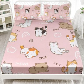 AILONEN Cats Fitted Sheet Queen Size Cartoon Cat Cute Bed Sheet for Kids Girls Teen Pink Kawaii Bedding Set Decor 3 Pieces Set, 1 Fitted Sheet and 2 Pillowcases