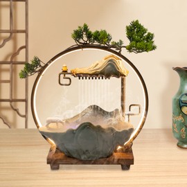 Indoor Fountains and Waterfalls, Desk Water Fountain, with Seven Colors LED and Backflow Incense Indoor Water Fountains, for Meditation with Fake Plants Feng Shui Decor for Good Luck Wealth