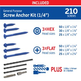 Blue Multi Purpose Concrete Screw 1/4" Kit - 210 Total 1/4" Screw Kit Includes 1/4x1-1/4, 1/4x1-3/4, 1/4 x 2-3/4" in Both Flat & Hex Head - Kit Included 3 Drill Bits & 2 Sockets