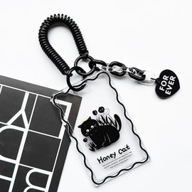 runrayay Acrylic Kpop Photocard Holder, Keychain Clear Black Cat ID Badge Holder with Keychain Student Bus Card Pendant Keychain Badge Reel Stationery for Back to School - A
