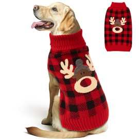 KYEESE Dog Christmas Sweater Reindeer Large Dog Christmas Sweater with Leash Hole Christmas Dog Sweater Dog Christmas Outfit Dog Christmas OutfitRed Buffalo Check Pet Sweater, XXXL