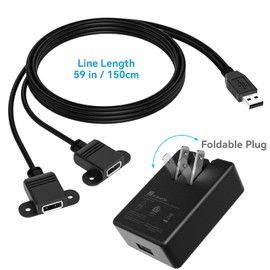 USB 2.0 Charging Extension Cable, Furniture Nightstand USB Port Male to Female (5 ft/1.5m) Panel Mount Charging Cable for Mobile Phones, Tablets, USB Lamps, and More. (1 pc and Adapter)