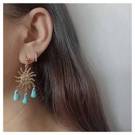 Cimenexe Punk Sun Turquoise Earrings Turquoise Earrings Golden Sun Stud Earrings Teardrop Turquoise Drop Earrings Blue Natural Stone Earrings Jewellery for Women and Girls