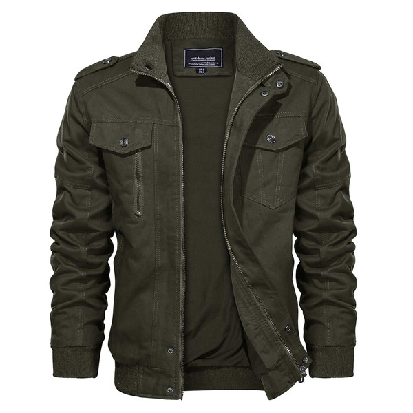 TACVASEN Mens Cargo Jacket Cotton Army Outwear Windbreaker Coat Green, 2XL