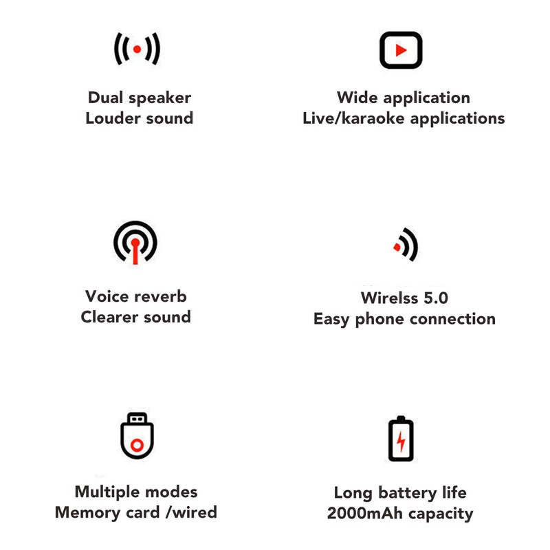Bluetooth Karaoke Mic Dual 5W Speakers Clear Sound 2000mAh Battery