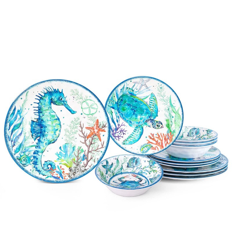 LEHAHA 12-Piece Melamine Beach Dinnerware Set, Coastal Plates and Bowls