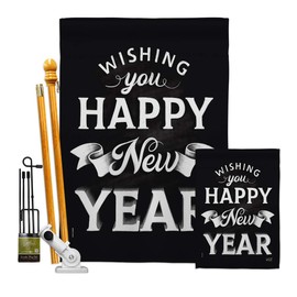 New Year an Garden House Flags Kit Winter Clock Countdown Champagne Party Fireworks Celebrate Small Decorative Gift Yard Banner Made in USA 28 X 40