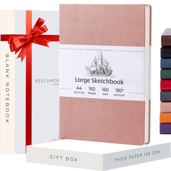 BEECHMORE BOOKS Sketch Book, A4 8.5 x 11.5 inch Blank Sketchbook for Drawing, 156 Pages Thick Paper 160gsm, Hardcover Leather Art Notebook, Boxed for Gifts