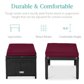 Best Choice Products Set of 2 Wicker Ottomans, Multipurpose Outdoor Furniture for Patio, Backyard, Additional Seating, Footrest, Side Table w/Removable Cushions, Steel Frame - Deep Burgundy/Black