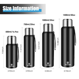 Insulated vacuum Thermo Bottle 1500ml/50.7oz with cup Stainless steel coffee bottles for hot and cold drink water flask.(Black,1500ml)