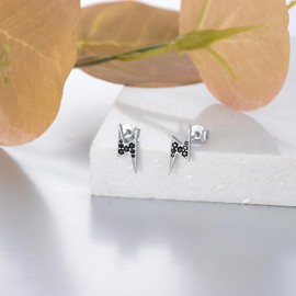 VONALA Black Lightning Stud Earrings 925 Sterling Silver Lightning Bolt Earrings for Women Men, Sterling Silver, Cubic Zirconia