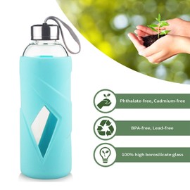 SHOW INGENUITY 32 oz Borosilicate Glass Water Bottle BPA Free Reusable Glass Drinking Bottle with Silicone Sleeve and Stainless steel Lid
