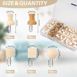 Pack of 200 Push Pins for Bulletin Board Cork Needles, 5 Shapes Bulletin Board Pins, Thumbtacks, World Map Drawing Pins for Cork Wall, Cork Board, Wooden Push Pins for Home School Office