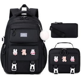 DIGOBAY 3PCS Girls Backpack for School, Kids Backpack for Girls with Lunch Box Pencil Case Set for Teen Girls Elementary Primary Middle High College School Bookbag with Cute Pins (Black)