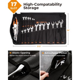 Foxrino Wrench Roll, Wrench Roll Up Pouch, Heavy Duty Canvas Wrench Organizer Bag (Black, 17+1 SAE)