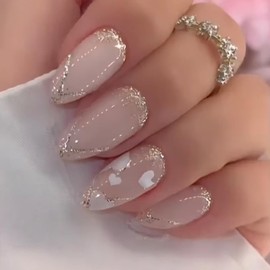 24Pcs Valentines Day Nails White Heart Press on Nails Medium Almond Fake Nails with Glitter French Tip Design Glue on Nails Stiletto Shape Acrylic False Nails for Women Wedding Manicure Art