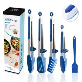 5-Pack Silicone Tongs for Cooking,Maywe Tanso 4PCS 13-Inch Cooking Kitchen Tongs with Silicone Tips,Nonstick Stainless Steel Tongs for Steak Pie Pizza Pasta Spaghetti Salad BBQ Buffet,Plus Brush