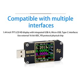 DollaTek FNB38 USB-Messgeräte, Multimeter, Strom- und Spannungsmonitor, 1,44 Zoll IPS-Farb-LCD-Display, DC 4–24 V, 5 A, QC 2.0/3.0