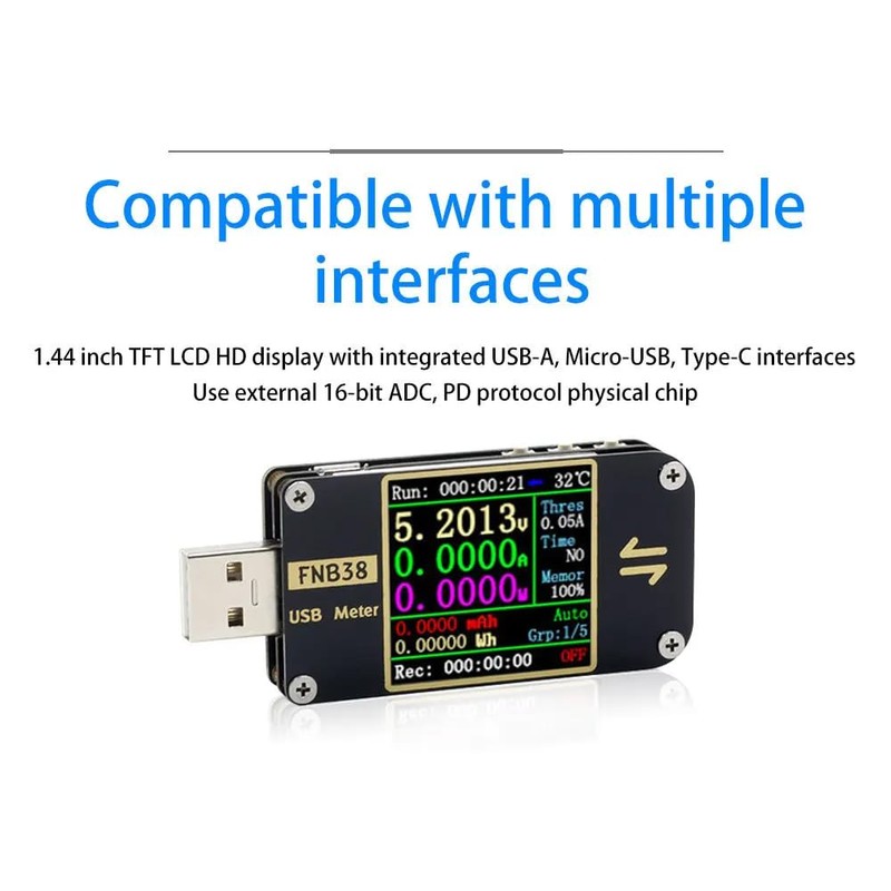 DollaTek FNB38 USB-Messgeräte, Multimeter, Strom- und Spannungsmonitor, 1,44 Zoll IPS-Farb-LCD-Display,