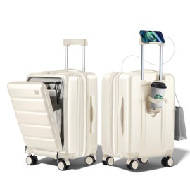 ISLAND ELEPHANT Carry On Luggage 22x14x9 Airline Approved - Expandable Front Pocket Hardside Travel Suitcase Unbreakable -with Cup Holder,USB Charge,Side Pothook, 360°Spinner Wheels, TSA Lock, White