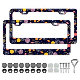 Colorful Planets License Plate Frame - 2PCS Cute Planet Aluminum Metal License Plate Holder, Rust-Proof Waterproof Car Decorative Tag Frames for Standard Us 12x6 Inch