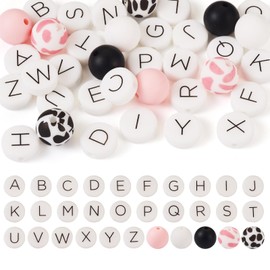 FASHEWELRY 36Pcs Silicone Letters Beads Round Alphabet A-Z Silicone Beads Cow Rubber Focal Beads for Bracelet Necklace Keychains Jewelry Making