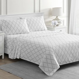 Martha Stewart Vine Trellis 300TC 100% Cotton Percale Sheet Set, Gray/White, 3 Piece - 1 Flat Sheet, 1 Fitted Sheet, 1 Std Pillowcase, Breathable Cotton Printed Bed Sheets, Twin Size
