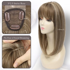 LOSMOEER Light Brown with Highlights Hair Toppers for Women, 360° 3D Cover Clip in Bangs with Topper 18 Inch Hair Pieces for Women