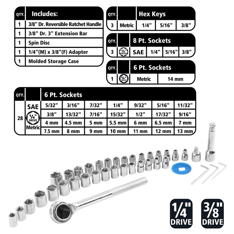 GreatNeck 74213 40 Piece 1/4 Inch and 3/8 Inch Drive