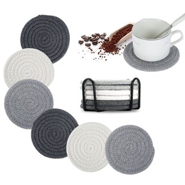 Techson 6PCS Round Woven Coasters, Non-Slip Drinks Beverage Cotton Fabric Mats with Holder, Water Absorption Heat Resistant Bar Tabletop Protection for Cups and Mugs (Dark Grey, Light Grey, White)