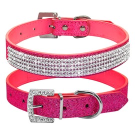 Rhinestone Dog Collar, Cute Dazzling Sparkling Leather Dog Cat Rhinestone Collar Crystal Diamond Pet Dog Puppy Collar (S:21-27cm, Hot Pink)