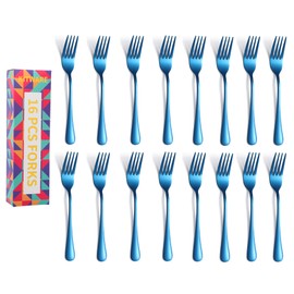 Blue Dinner Forks, 16 Piece Stainless Steel Silverware Forks, Sturdy Tableware Fork Set, Home Kitchen Metal Fork, Restaurant Quality Cutlery Forks, Handwash Recommaded - 8 Inch